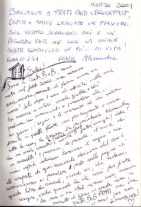 Handwritten dedications and thank-you notes in the Prati Rome B&B guestbook